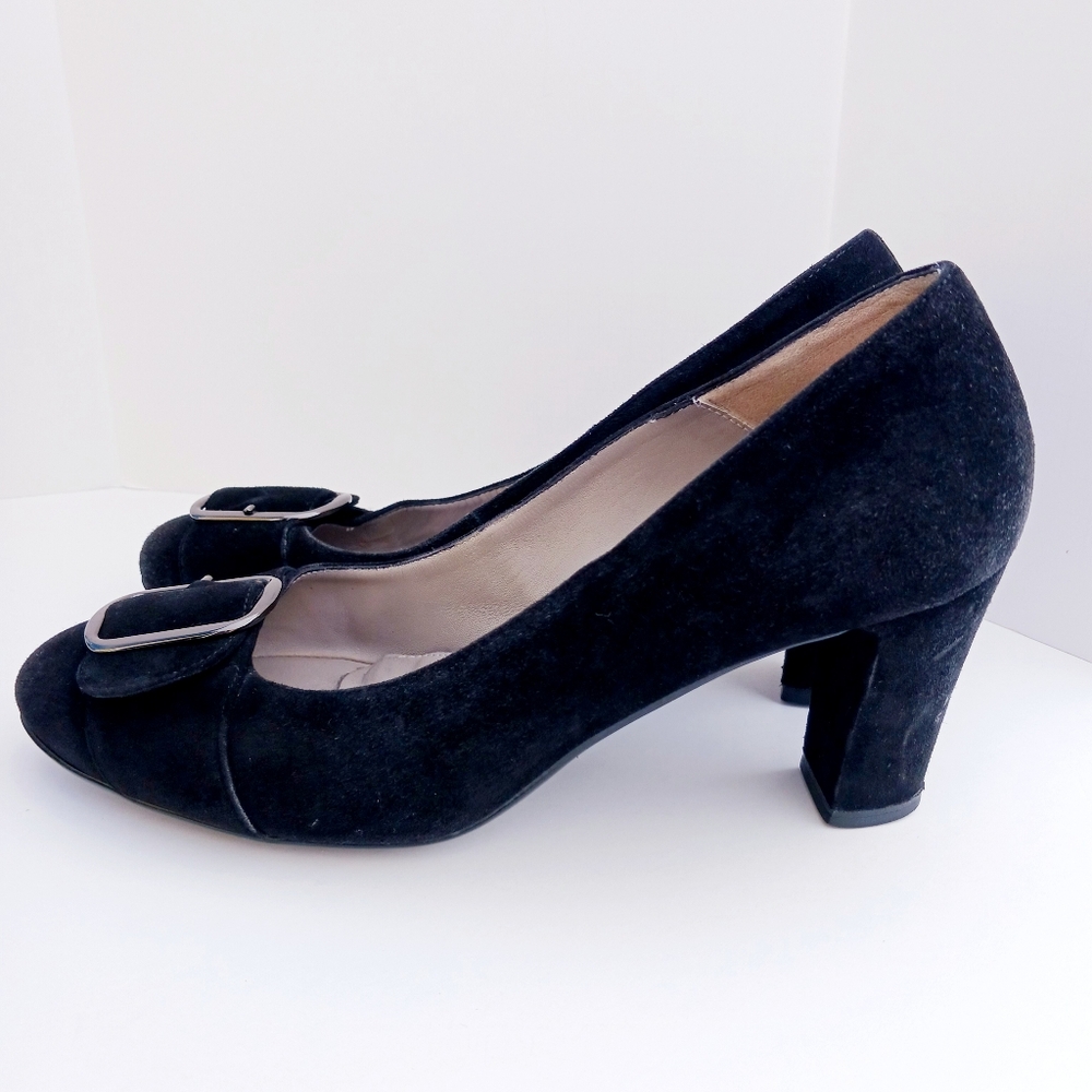 AQUATALIA Sz 6 Heels Pumps Suede Black Leather w/ Buckle ITALY Sacchetto